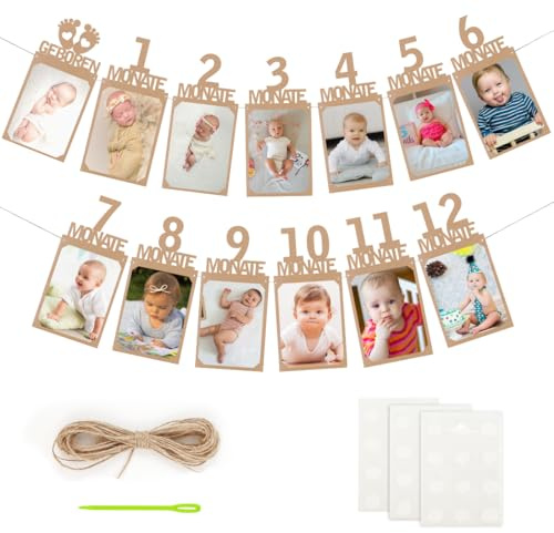 Födelsedagsgirlang för 1:a födelsedagen, baby milstolpe, girlang, första bebisens första fotobanderoll, dekoration för flickor och pojkar, tysk hängande fotoväggdekoration (kraftpapper)
