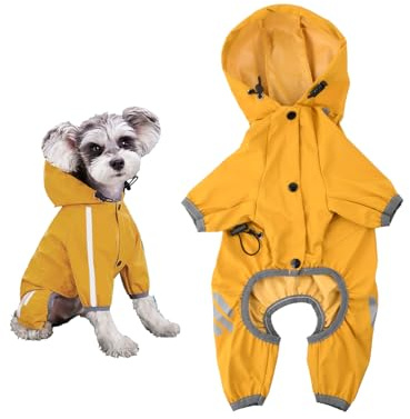 Amexo Impermeabile per cani Cappotto impermeabile con foro per il collo regolabile a 4 zampe per animali domestici, poncho con cappuccio, striscia riflettente per cani di piccola taglia (L)