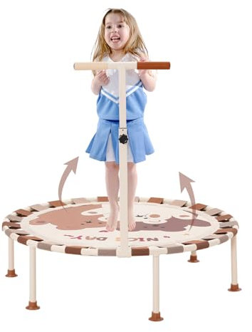 Trampolin Kinder Indoor Outdoor Ø101cm, Faltbar Fitness Trampolin mit Verstellbarem Schaumstoffgriff und rutschfeste Saugnäpfe, Gartentrampolin Kindertrampolin für Jungen Mädchen ab 3 Jahre(Beige)