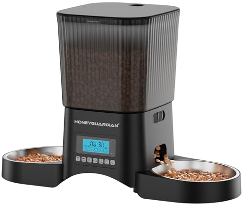 HoneyGuaridan Distributore Automatico Cibo Gatti,3.5L Dispenser Cibo Gatti con Timer,Programmable Porzione (6 Pasti/Giorno),Registrazione Vocale 10s,Doppia Alimentazione,4 piedini antiscivolo,Stabili