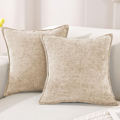 YSTELLAA Chenille Funda Cojines De para Sofa Juego De 2, 50x50, Suave Funda De Almohada Color Solido con Cremallera Invisible, Fundas De Cojines del Sofá Decorativas, Lavable, Avena