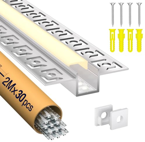 LED-aluminiumprofil 2 m x 30 (60 m) - aluminiumprofil för LED-remsa, infällbar U-formad LED-profil med lock mjölkvit, ändstycken
