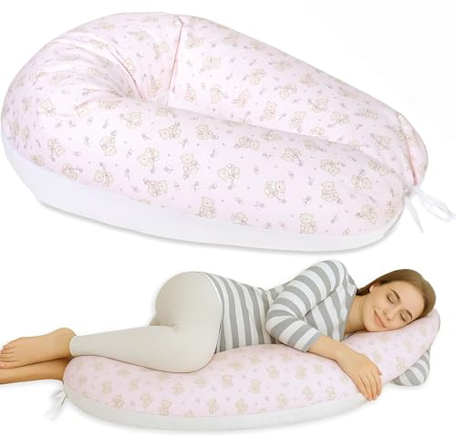 baby idea Cuscino Gravidanza per Dormire e Allattamento – Supporto per Neonato - Forma Ergonomica XXL - Federa Sfoderabile e Lavabile 100% Cotone – Made in Italy (Orsetto Rosa)