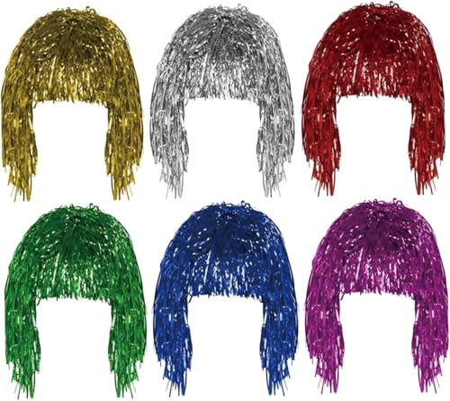 6 Stück Folie Lametta Perücke HSYWSH-Lametta Perücken Metallic Perücke Foil Tinsel Perücken Bunte Lametta Perücke Kostüm Accessoires für Karneval Halloween Thema Party (6 Farben) (Mehrfarbig1)