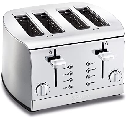 KRUPS: Breakfast Set Stainless Steel Toaster 4 Slice 1500 Watts 6 Brown Settings, Defrost, Reheat, High Lift Lever Silver, Matte and Chrome