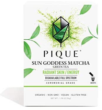 Pique Organic Sun Goddess Matcha - Ceremonial Grade Matcha Green Tea Powder, Supports Radiant Skin, Calm Energy - 28 Single Serve Sticks (Pack of 1)