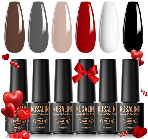 ROSALIND Smalto Semipermanente, 6 Colori Mini Smalti Semipermanenti per Unghie Marrone Grigio Nudo Rosso Bianco Nero Gel Unghie UV/LED Kit Nail Polish Manicure Regalo di San Valentino