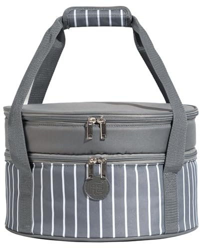 Fun Elements Insulated Casserole Carrier for Hot or Cold Food, 12.5 Inch Pie Carrier with Lid and Handle, Round Food Container for Transport, Grey