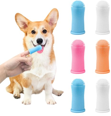 Avesteir Hundezahnbürste Set von 6, Zahnpflege für Haustier 4 Farbe, Hunde Zahnbürste Weich Lebensmittelechtem Silikon 360° Voll Umschlungene Borsten, Fingerzahnbürste für Haustier Anti-Plaque