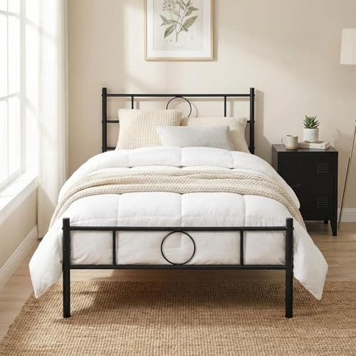 FurnitureR Single bed metal frame Industrial iron bed,metal bed for teenagers/adults, suitable for bedroom, student dormitory and other multiple scenes, with circle-shaped decoration,Black