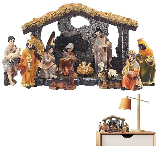 Uozonit Nativity Set With Figures - Traditional Christmas Home Decor, Wooden Crib Scene Decoration With Stable