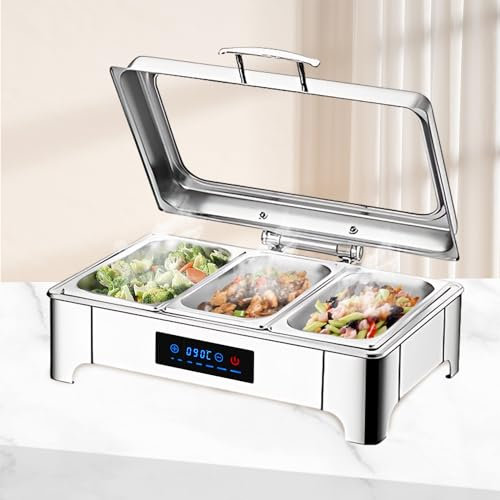 BOVDC Chafing Dish Elettrico, 9L Scaldavivande Elettrico per Buffet Acciaio Inox, Chafing Dish Buffet Elettrico Temperatura Regolabile con Coperchio in Vetro Trasparente per Buffet(B, 1/3 Pan)