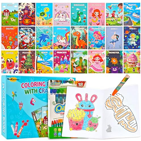 24 Mini Livre Coloriage pour Enfants, Cahier de Coloriage con 18 Crayons de Couleurs, 24 Styles Activités Livre DIY Dessin Feutres pour Enfants de 3 à 9 ans Cadeau Anniversaire
