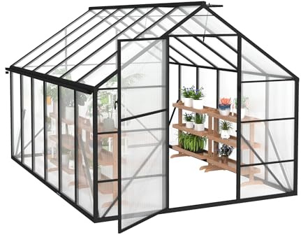 Naizy Växthus 380 x 250 x 205 cm trädgårdsväxthus med markankare och 6 cm bas växthus av 580 g, 4 mm, PC-platta och aluminium, tomatväxthus, odling, vintersäkert UV-skydd