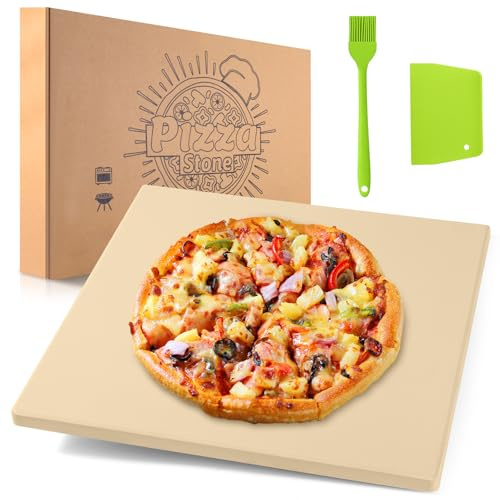 NumRise Pizzastein, 30.5×30.5 cm Square Pizzastein für Backofen & Gasgrill, Pizza Stein aus Cordierit - 1,5 cm Verdicktes Für knusprigen Boden, Inklusive Kunststoffschaber und Silikonbürste