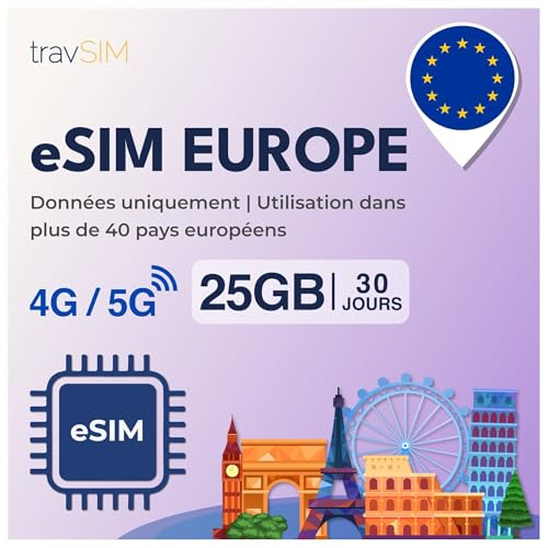 travSIM eSIM Europa | 30 dagar – 25 GB | eSIM Europa, användning i Tyskland, Frankrike, Spanien, Italien, Nederländerna och mer | Tillgång till Google, Facebook, Whatsapp med mera | Inga