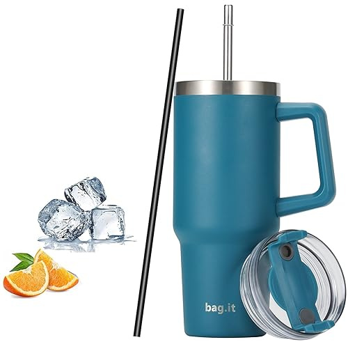 FOOJo 4 oz tumlare med handtag och sugrörslock – resemugg läckagesäker isolerat rostfritt stål – resemugg för varm och kall dryck (himmel)