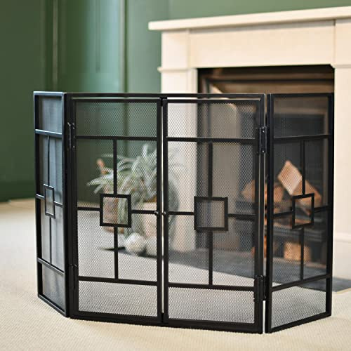 Art Deco Three Fold Black Fireguard Fire Screen With Door – Classic Style Mesh Guard for Log Burners & Open Fires – Spark & Debris Protection