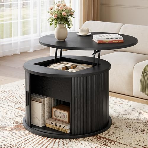 Hizyrina Round Lift Top Coffee Table, 60cm Fluted Drum Coffee Table with Large Hidden Storage for Living Room, Center Table with Sliding Rolling Door for Small Spaces, Apartment, Home Office, Black