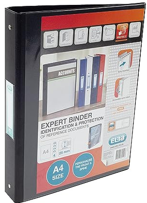 Elba A4 4 O-Ring Binder, 25mm capacity, 30mm spine, Presentation Folder with Customisable Cover, Portrait, Black (Single)