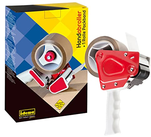 Idena 631049 - Paketbandabroller Set, Handabroller für 66 m x 50 mm Packband, inkl. 1 Rolle geräuscharmes Packband, braun