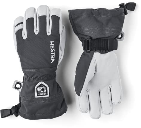 Hestra Army Leather Heli Ski Junior Glove (Youth 4-13yrs) | Waterproof, Insulated Classic 5-Finger Leather Kids Gloves for Winter, Skiing & Playing in The Snow - Grey - 6