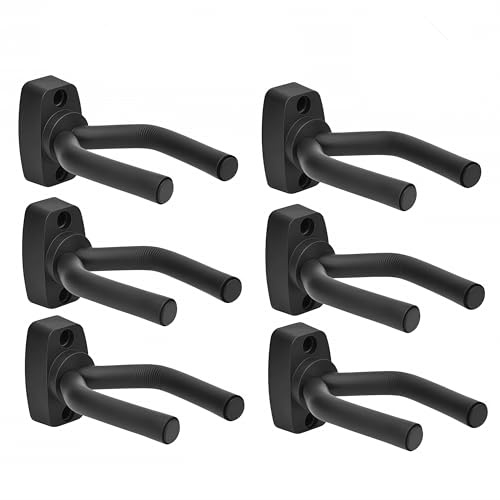 Soporte de pared para guitarra, paquete de 6 unidades, soporte de gancho de pared para guitarra, pantalla negra con tornillos, fácil de instalar, se adapta a guitarras, bajo, mandolina, banjo, ukelele