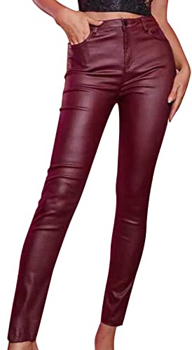 TIMIYUYU Damen Hosen Lederoptik Lederhosen Knopfleiste Biker Pants Kunstlederhose Stretch Slim Fit Hose Elegant Lederhosen Sexy Skinny Leder Look Hose Einfarbig Streetwear (rot, XL)