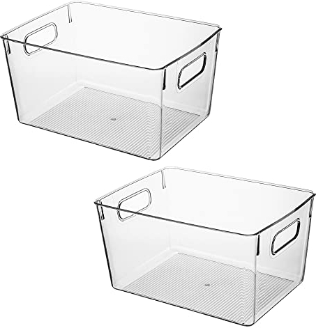 Amtido Clear Plastic Storage Bins for Fridge, Cupboard, Pantry, and Kitchen - Versatile Kitchen Storage Organiser for Food, Fruit, Vegetable, Cleaning Products, and Clothing Storage (2-Pack)