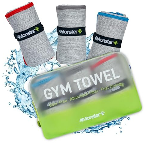 4Monster Microfiber Gym & Travel Towel Set, Quick Dry Camping Towel, Ultra Soft Absorbent Workout Towel for Beach, Pool & Shower (Blue & Gray & Red, 3)
