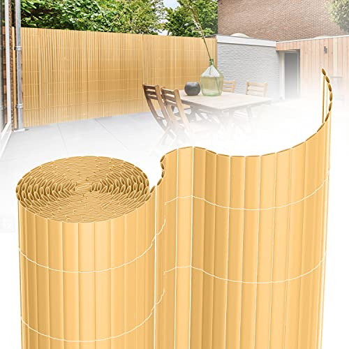 Tubiaz PVC Sichtschutzmatte 180×300cm, Sichtschutz Zaun mit Interne Verstärkung, Balkon Sichtschutz Windschutz, Sonnenschutz, Sichtschutz Garten mit Kabelbinder (Bambus)