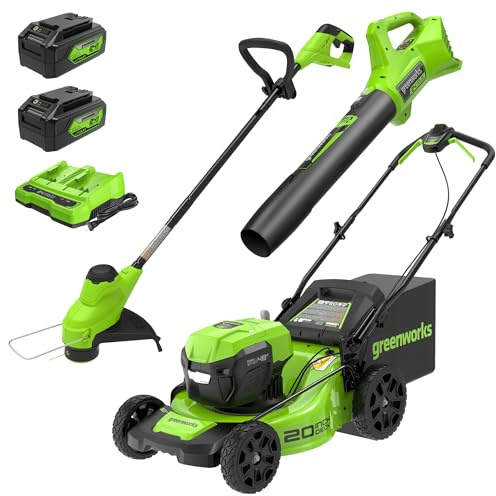 Greenworks 48V (24V x 2) 20 Brushless Cordless Lawn Mower + 12 String Trimmer + 320 CFM Leaf Blower Combo Kit with (2) 4.0Ah Batteries & Dual Port Fast Charger