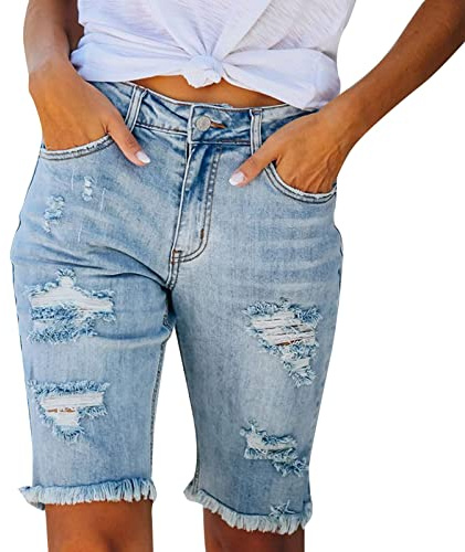 Duohropke Pantalones cortos vaqueros para mujer, largo hasta la rodilla, pantalones cortos de verano, cintura alta, elásticos, informales, bermudas, pantalones vaqueros, pantalones cortos cortos de