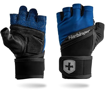 Harbinger Training Grip Wrist Wrap Gloves - Enhanced Grip & Wrist Support, Breathable Lycra Back, Padded Leather Palm, Half-Finger Design, Quick Pull Tabs, Ideal for Weightlifting, Blue, Large