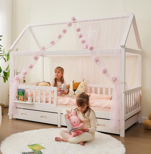 ALAVYA HOME® Hausbett Himmel Deko Set 3-TLG – 2 x Betthimmel für Kinderbett + große Pom Pom Kette, GOTS Zertifiziert, 100% Polyester, Kinderzimmer Deko Mädchenzimmer Skandi Stil, Rosa 150x340 cm