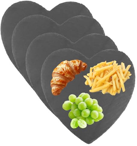 ZOFUN 4 placas de pizarra para servir, 25 x 25 cm, de corazón de pizarra, corazón de pizarra, posavasos de pizarra para servir, etiquetar, corazones de pizarra para buffet, sushi y queso