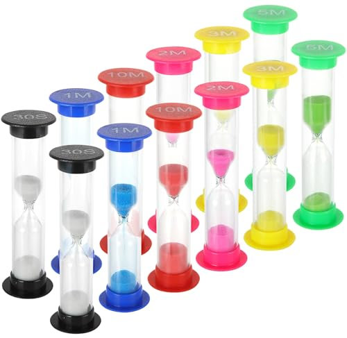 ASelected 12 Stück Sanduhren Set Sanduhr Timer Farbige Sanduhren Set 30 S 1 Min 2 Min 3 Min 5 Min 10 Min für ZäHneputzen Schule Küchen Haus Dekoration Spiel Requisiten