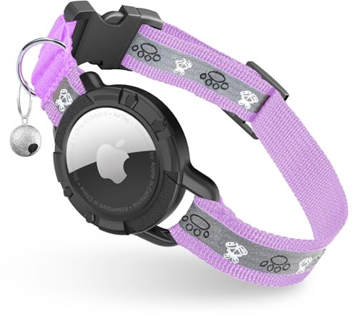 Reflekterande AirTag-kattkrage, integrerad kattspårarkrage med luftetiketthållare och klocka, säkerhetselastiskt band katt GPS-halsband för flicka pojke katter, kattungar och valpar (Lilac, XS)
