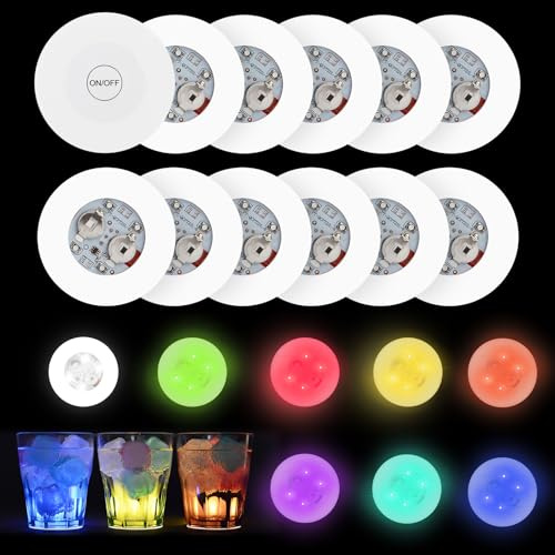 12 Pezzi Sottobicchieri a LED Adesivi Luci D'atmosfera con 6 Luci Colorate e 6 Luci Bianche Frette, Autoadesivi Sottobicchiere a LED per Bevande Caffè Bottiglie Feste Matrimoni Bar