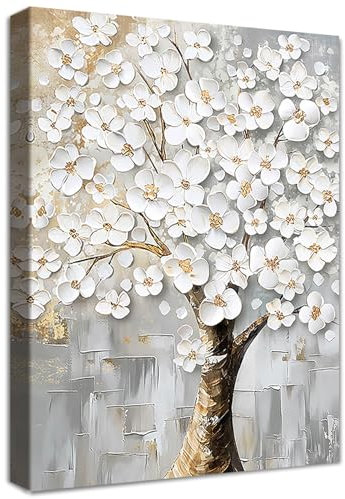 Wooden Framed Canvas Wall Art White Flowers Tree Painting on Canvas Print Poster Abstract Floral Tree of Life Pictures for Living Room Bedroom Home Office Hallway Corridor Wall Decor 30x40cm