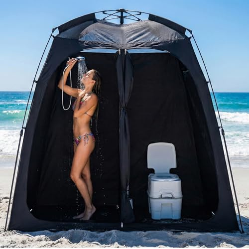 EighteenTek® Upgraded Shower Tents with Hub, Pop Up Privacy Tent Camping 2-Room Privacy Shelter with Floor & Dual Doors, Portable Easy-Setup Toilet & Changing Tent, 83 x 47 x 77.6H
