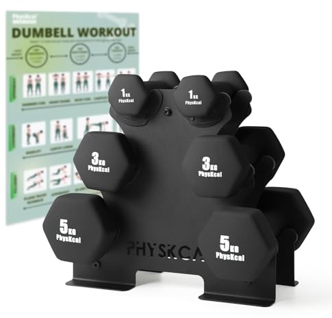 PhysKcal Kurzhanteln Set of 6, Schwarzes Neopren Hantelset - 2 x 1kg, 2 x 3kg und 2 x 5kg für das Heimtraining