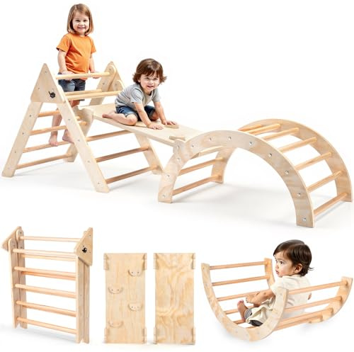 RUIE Klettergerüst Indoor 7-in-1 Kletterdreieck mit Rutsche, Hölzernes Kletterdreieck Set für kletterbogen ab 1 Jahr, Montessori klettergerüst, Kletterturm, Kinder Indoor Spielplatz
