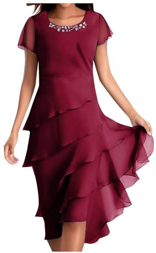 Roe Red Femme sans Manches lgante | Roe d¡¯t Fluide Volants Superposs | Style Chic avec Col Or C Idale pour Cocktail, Soire ou Mariage