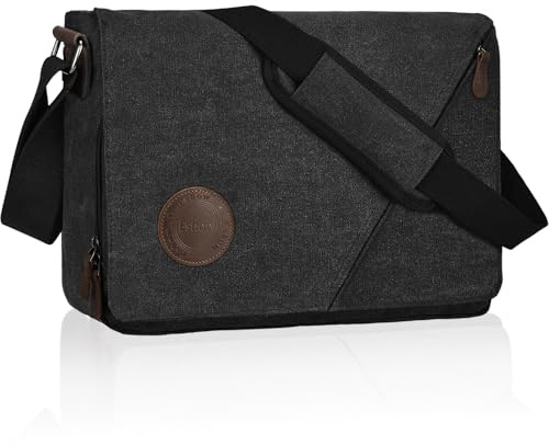 Eshow Umhängetasche Herren 13 Zoll Wasserabweisend, Laptoptasche Messenger Bag aus Echtleder und Canvas, Arbeitstasche Schultertasche Vintage für Arbeit Uni Freizeit Büro Schwarz