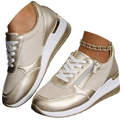 Zapatos con cuña para mujer - Zapatos con cordones cómodos y clásicos - Zapatos de moda con tacón de cuña - Zapatillas casuales con cremallera, dorado, 0 UK Wide