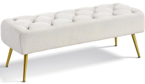 Yaheetech Modern Ottoman Footstool Bench Upholstered Button-Tufted Footrest Stool with Gold Metal Legs for Living Room, Bedroom, Entryway, Window, Ivory