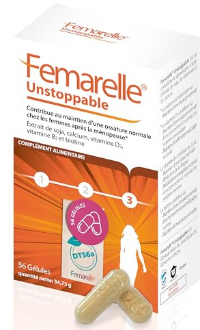 Femarelle Unstoppable - 56 gélules après la ménopause avec DT56a, vitamines B2 et D3, biotine et calcium. Peut favoriser la santé vaginale, ainsi que les os, les muscles et les articulations