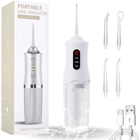 Idropulsore Dentale Portatile Pulizia Denti Rimuovi Tartaro, Water Flosser, Irrigatore Orale Senza Fili, Wasserdicht und Wiederaufladbar 4 Düsen 1 Ladekabel Geeignet für Reisen