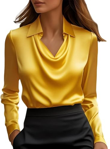 Blusa Mujer Elegante Fiesta de Satén Blusas Elegantes Raso Talla Grande Camiseta Color Sólido Versátiles Boda Camisa Manga Larga Casual Tops Cuello en V Moda Top Cómodo Seda Básico Oficina